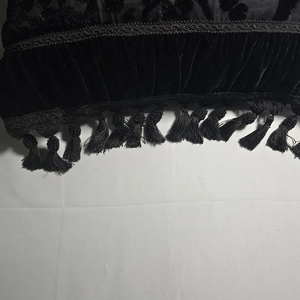 Black Velvet Damask Floral Throw Pillow Tassel Fringe Gothic Square Accent 16in